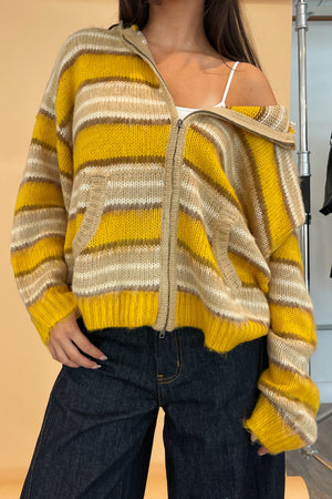Teddy Yellow and Taupe Stripe Fuzzy Knit Zip Up Hoodie