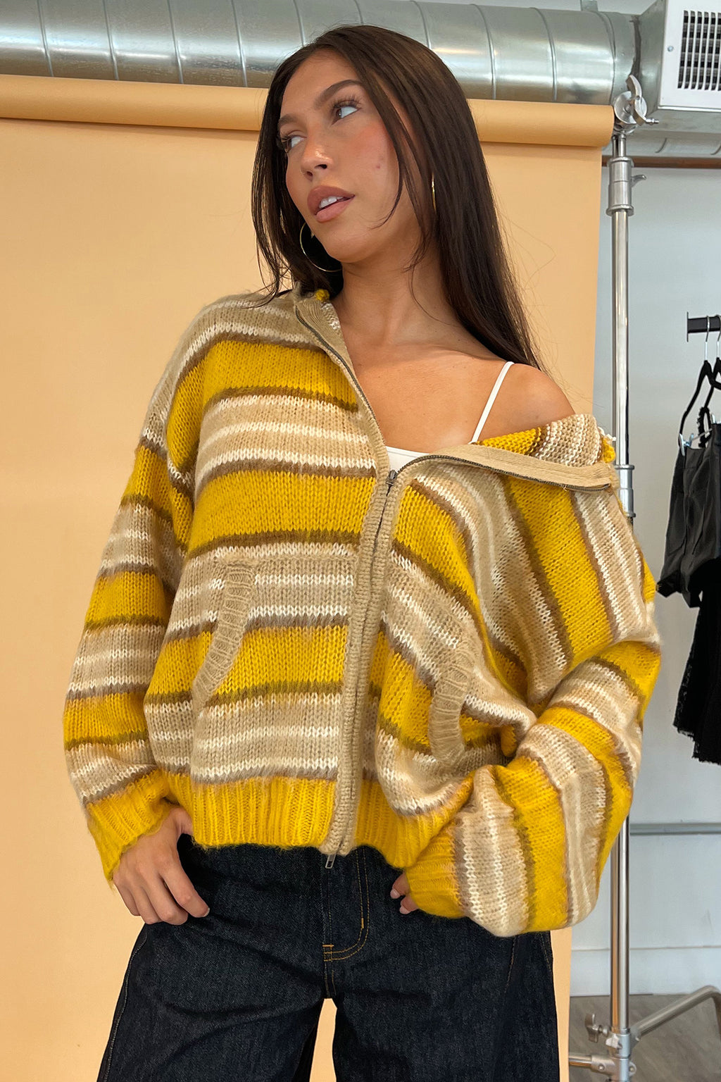 Teddy Yellow and Taupe Stripe Fuzzy Knit Zip Up Hoodie
