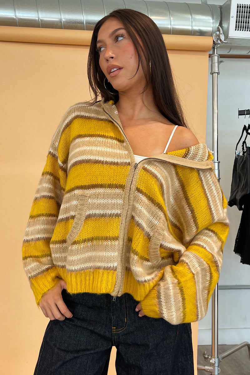 Teddy Yellow and Taupe Stripe Fuzzy Knit Zip Up Hoodie
