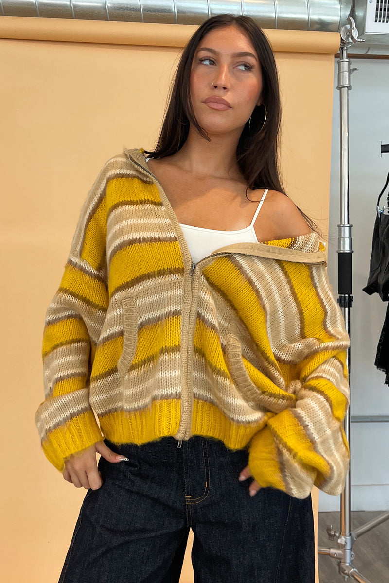 Teddy Yellow and Taupe Stripe Fuzzy Knit Zip Up Hoodie