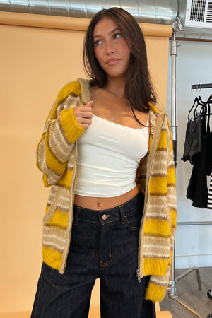 Teddy Yellow and Taupe Stripe Fuzzy Knit Zip Up Hoodie
