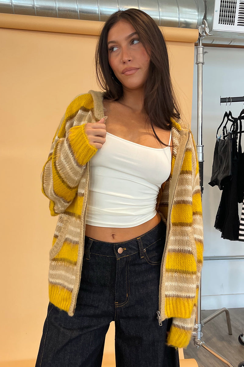 Teddy Yellow and Taupe Stripe Fuzzy Knit Zip Up Hoodie
