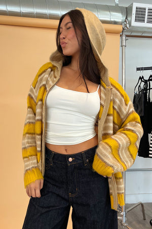 Teddy Yellow and Taupe Stripe Fuzzy Knit Zip Up Hoodie