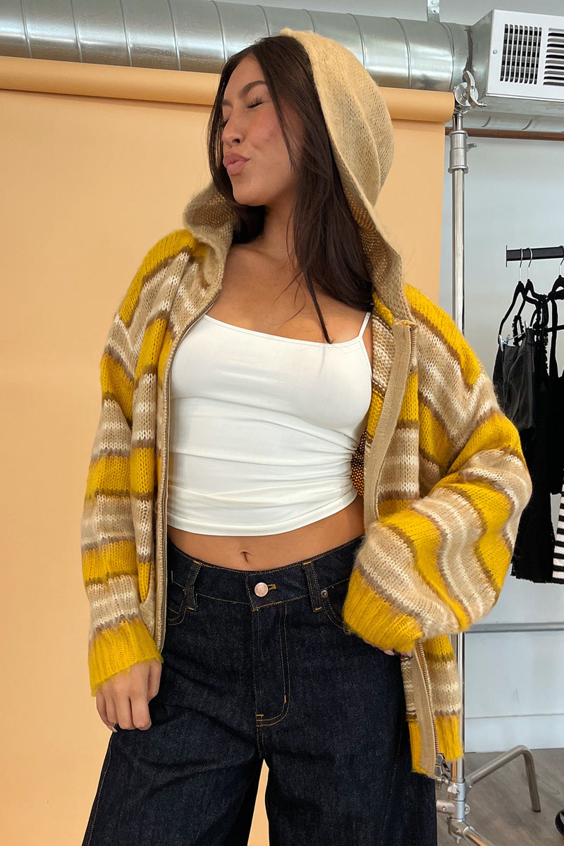 Teddy Yellow and Taupe Stripe Fuzzy Knit Zip Up Hoodie