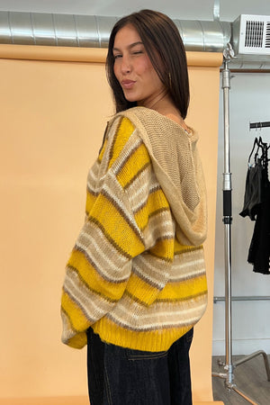 Teddy Yellow and Taupe Stripe Fuzzy Knit Zip Up Hoodie