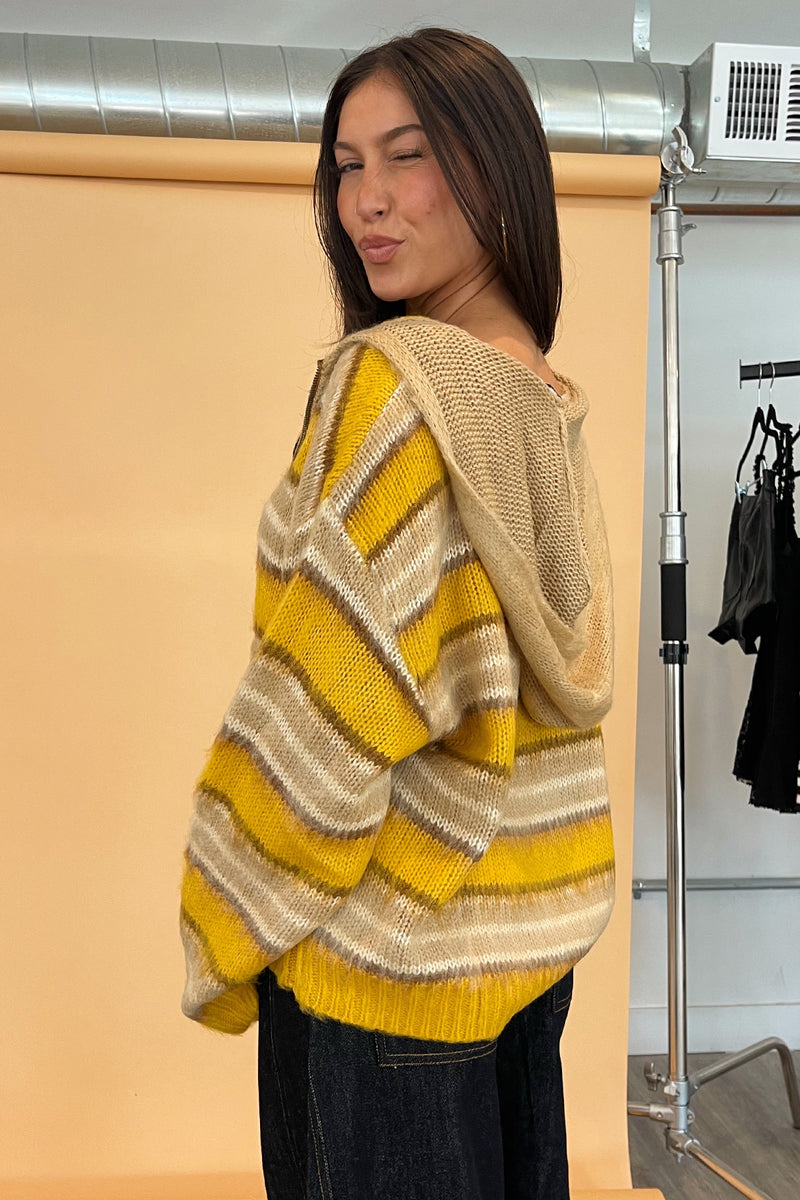 Teddy Yellow and Taupe Stripe Fuzzy Knit Zip Up Hoodie