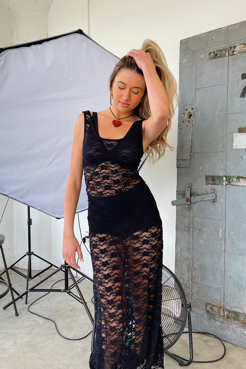 RESTOCKED: In Another Life Black Lace Maxi Dress