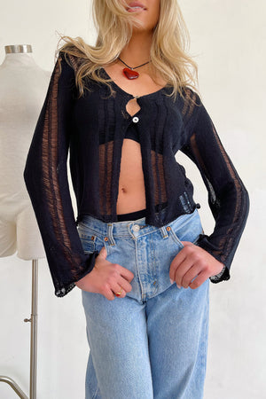 Out to Play Black Distressed Knit Long Sleeve Top