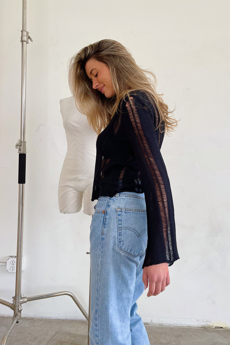 Out to Play Black Distressed Knit Long Sleeve Top