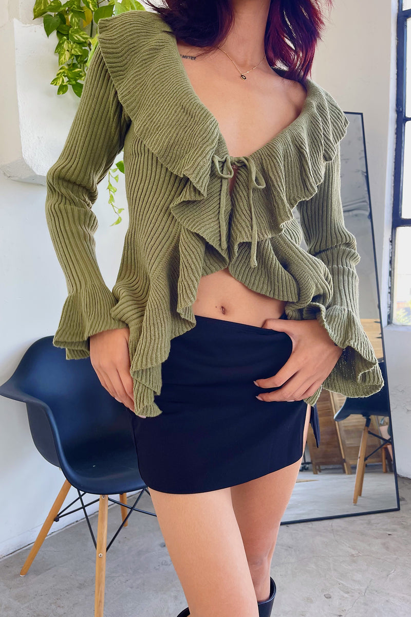 Set the Tone Olive Ruffle Tie Front Cardigan