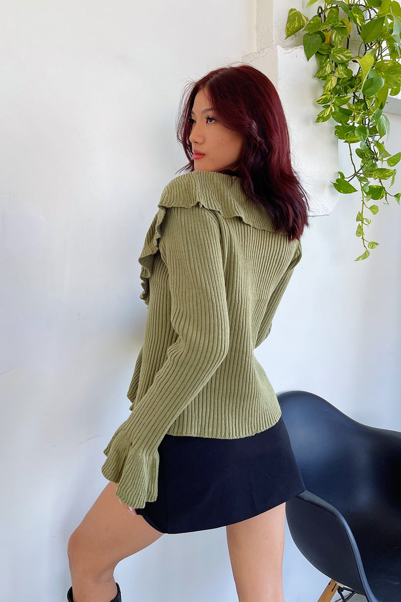 Set the Tone Olive Ruffle Tie Front Cardigan