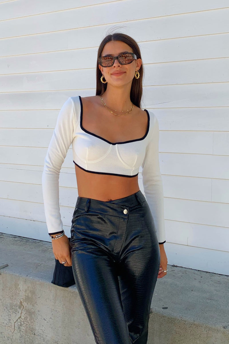 Go See White with Black Trim Long Sleeve Bustier Top
