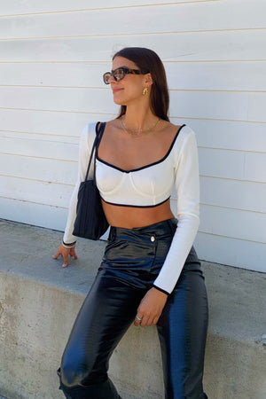 Go See White with Black Trim Long Sleeve Bustier Top