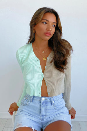 Sour Then Sweet Light Mint and Tan Button Up Cardigan